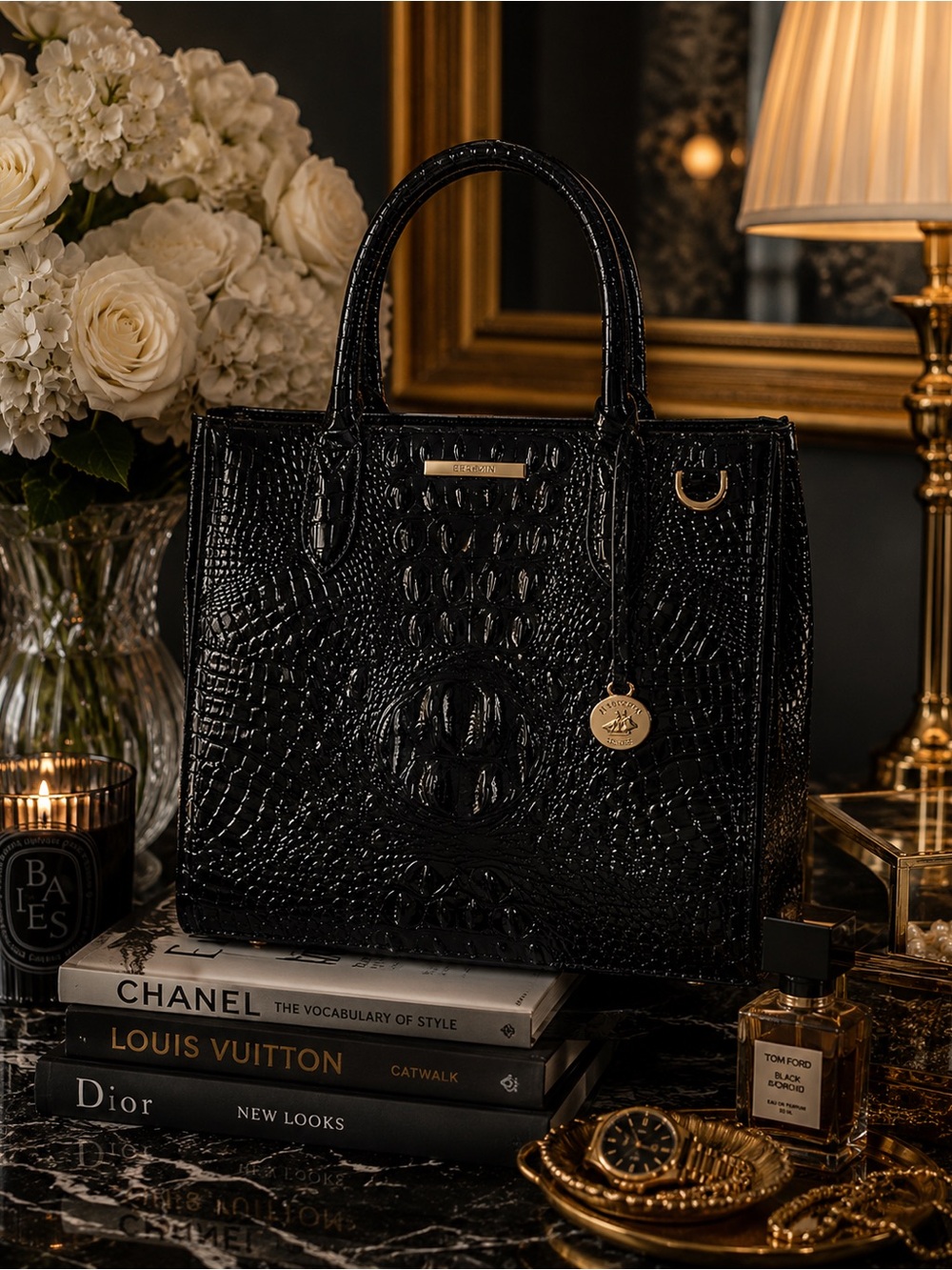 Brahmin Caroline Melbourne Genuine Leather Elegant Black Embossed Tote Bag